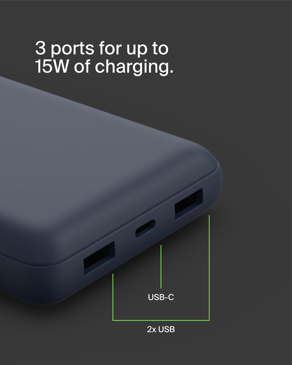 Belkin USB C Taşınabilir Şarj Cihazı 20000 mAh, USB Tip C Giriş Çıkış Bağlantı Noktalı 20K Güç Bankası için USB C - A Kablosu Dahil 2 USB A Bağlantı Noktası – Mavi