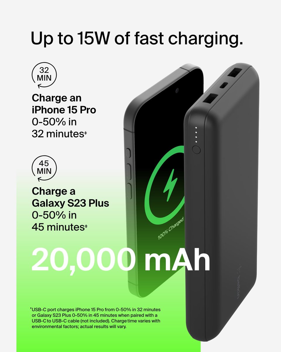 Belkin USB C Taşınabilir Powerbank 20000 mAh, USB Tip C Giriş Çıkış Bağlantı Noktalı 20K Güç Bankası için USB C - A Kablosu Dahil 2 USB A Bağlantı Noktası, Siyah