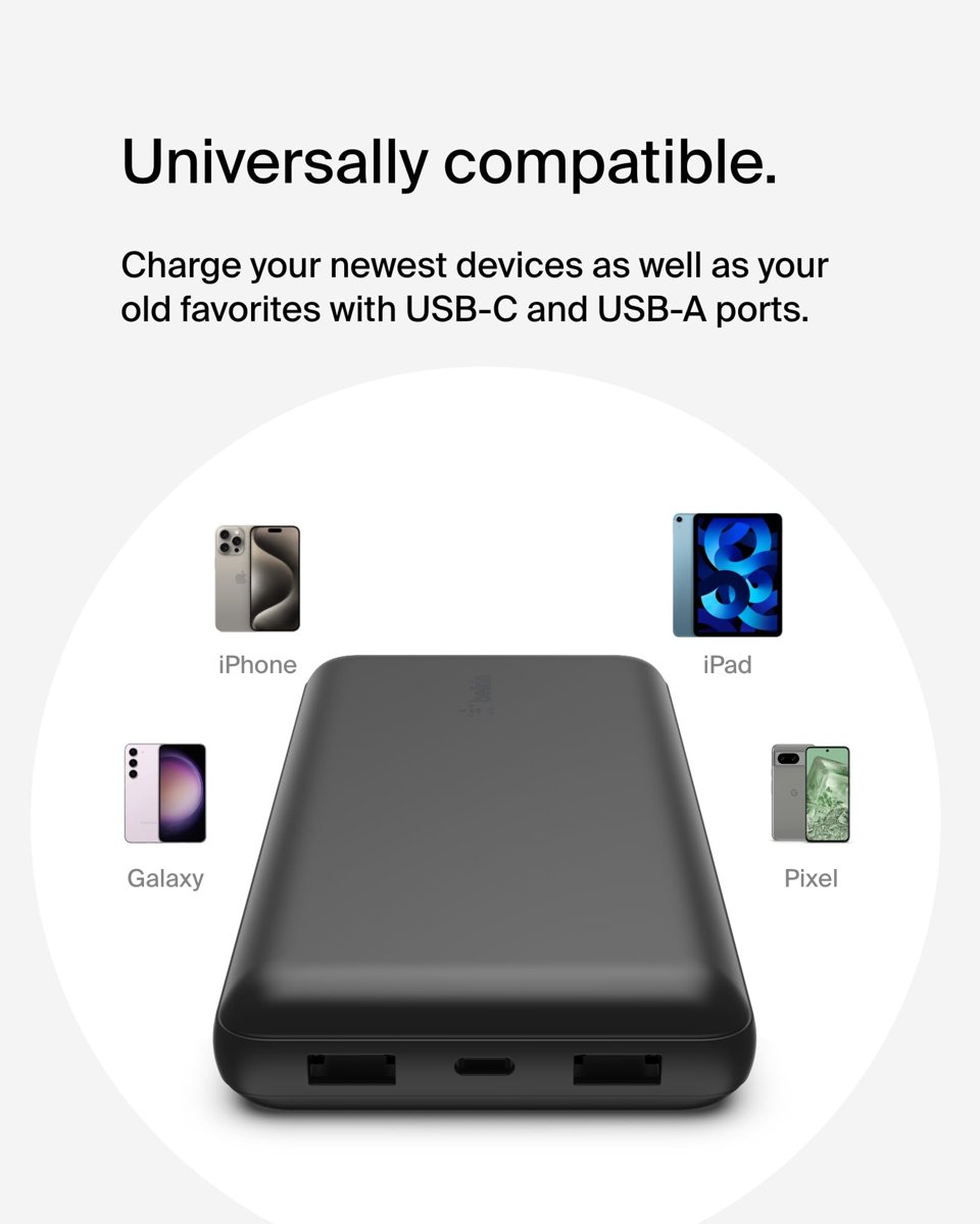 Belkin USB C Taşınabilir Powerbank 20000 mAh, USB Tip C Giriş Çıkış Bağlantı Noktalı 20K Güç Bankası için USB C - A Kablosu Dahil 2 USB A Bağlantı Noktası, Siyah