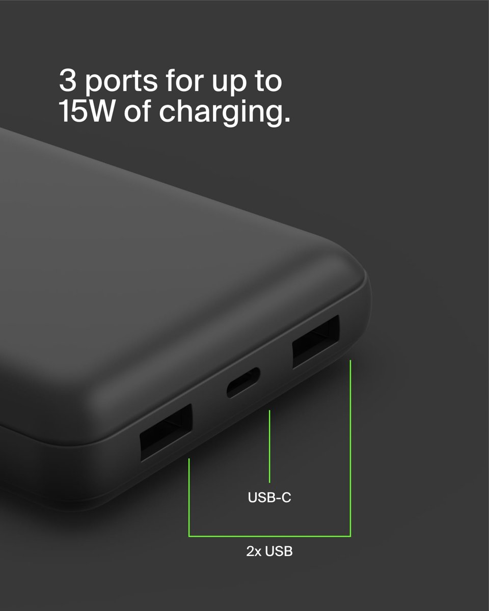 Belkin USB C Taşınabilir Powerbank 20000 mAh, USB Tip C Giriş Çıkış Bağlantı Noktalı 20K Güç Bankası için USB C - A Kablosu Dahil 2 USB A Bağlantı Noktası, Siyah