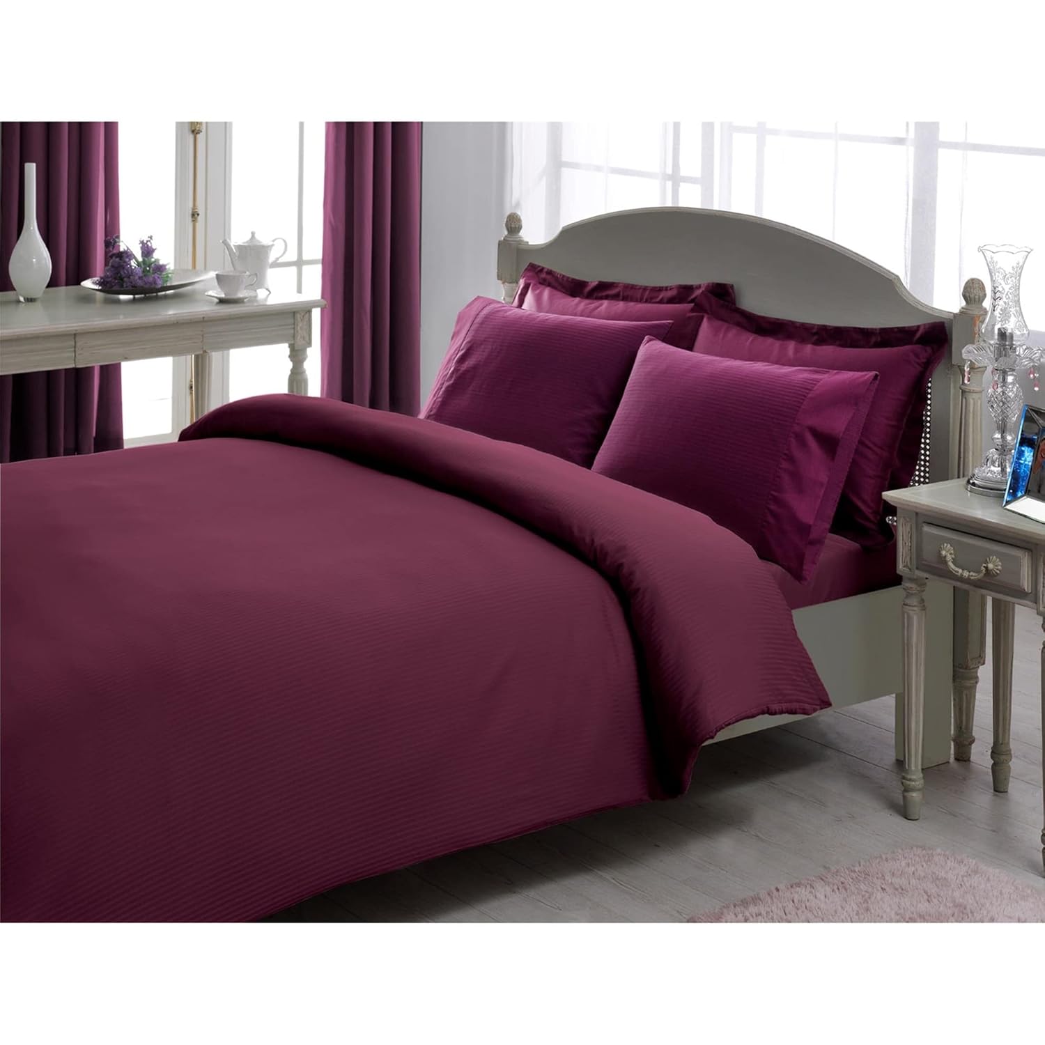 Taç Basic Stripe Düz%100 Pamuk Nevresim Takımı, Mürdüm, King Size