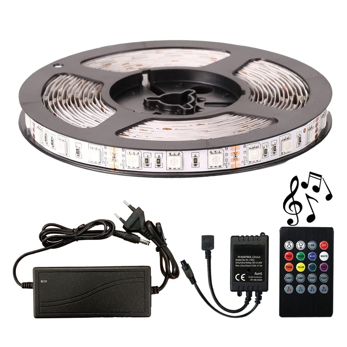 Rgb Şerit Led Tak Çalıştır Sese ve Müziğe Duyarlı Kumanda 5050 3 Çipli iç Mekan Silikonsuz… (10 Metre)
