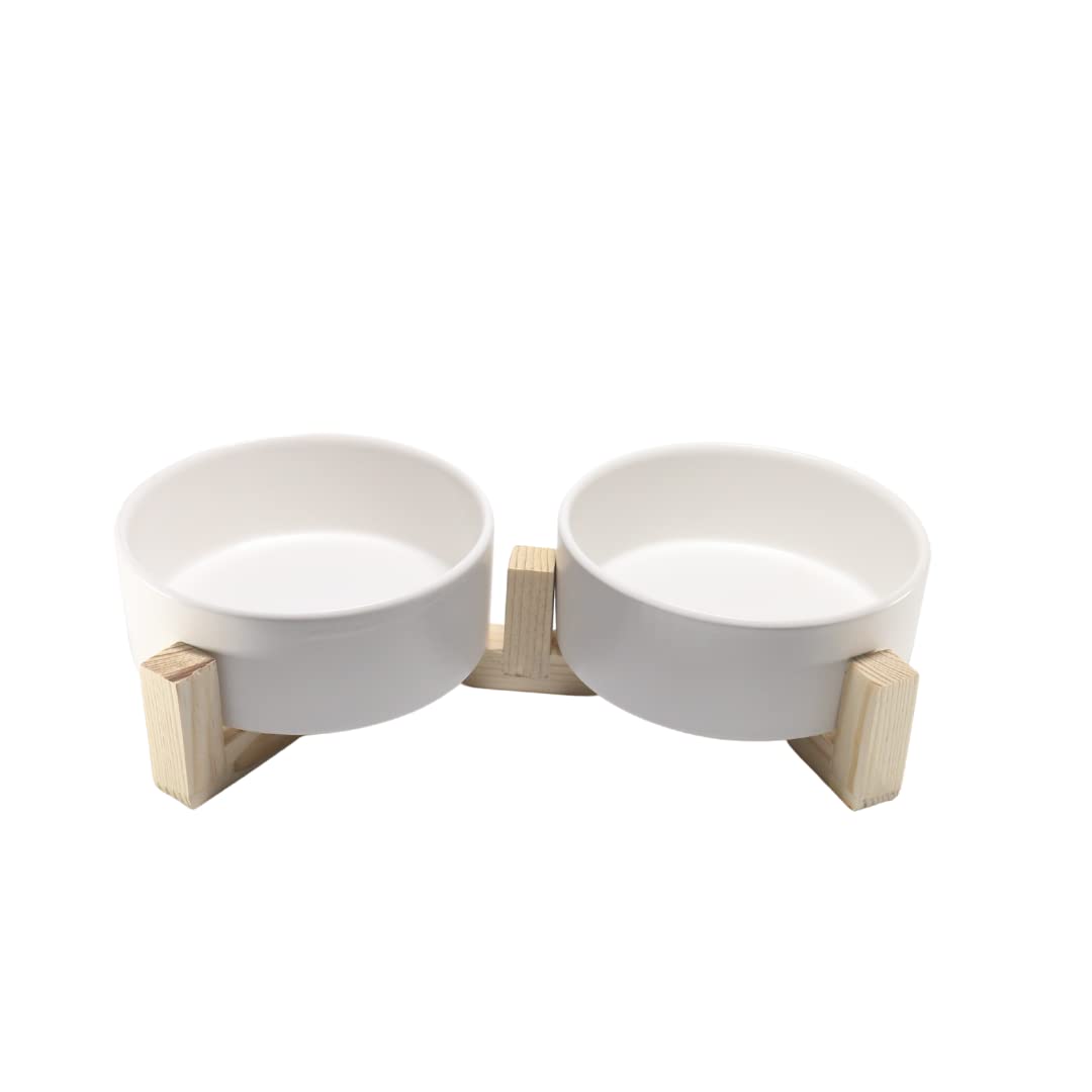 Yılmazel Kedi Mama Su Kabı Ahşap Standı ve Seramik Kasesi Yavru Evcil Hayvan Minimalist Design (Beyaz, Çiftli)