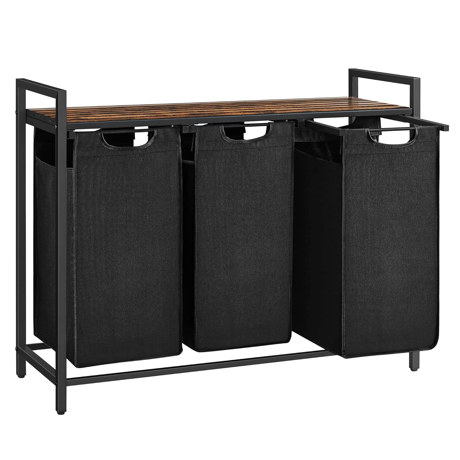 VASAGLE Çamaşır Sepeti, 3 Bölmeli Çamaşır Sepeti, Çıkarılabilir Çamaşır Torbaları, Çamaşır Sıralayıcı, Raf, Metal Çerçeve, 3 x 38L, 92,5 x 33 x 72 cm, Rustik Kahverengi ve Siyah BLH301B01