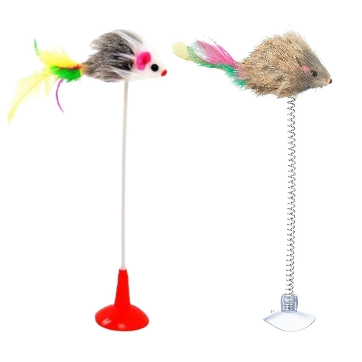 Outdoor Outlet 2'li Vantuzlu Fareli Tüylü Hareketli Çanlı ve Esneyen Eğlenceli Peluş Kedi Oyuncağı