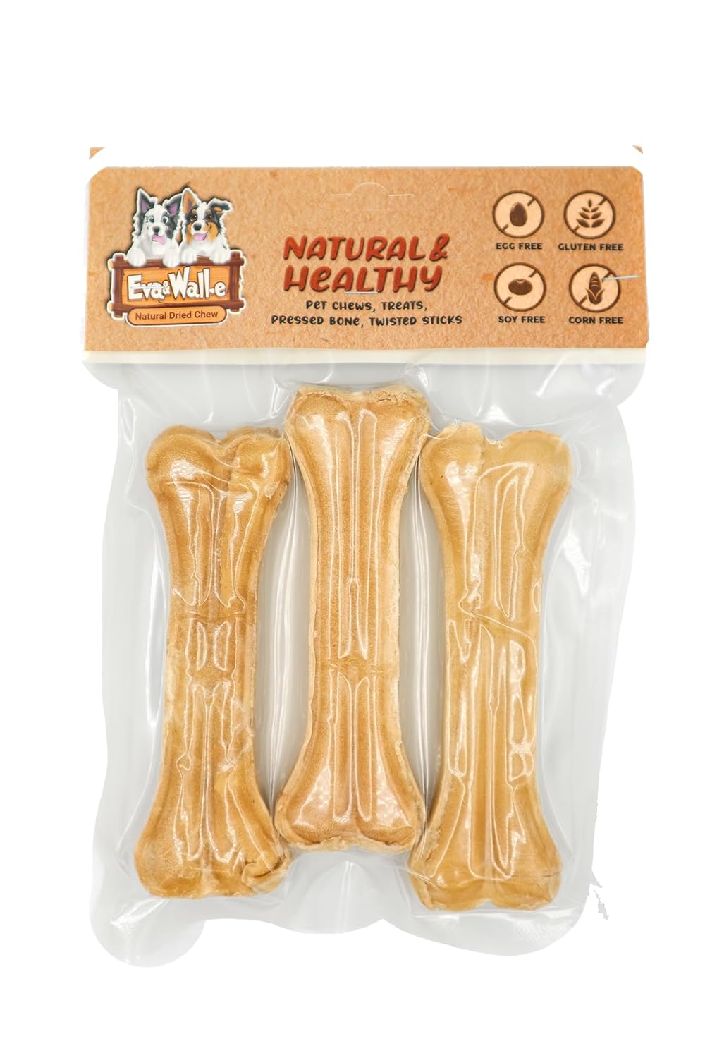 Eva and Wall-E Doğal Köpek Pres Kemiği Naturel 3’lü Set (12 cm / 50-55 g) | Küçük-Orta Irk ve Yavru Köpekler İçin Çiğneme & Diş Temizleme Kemiği