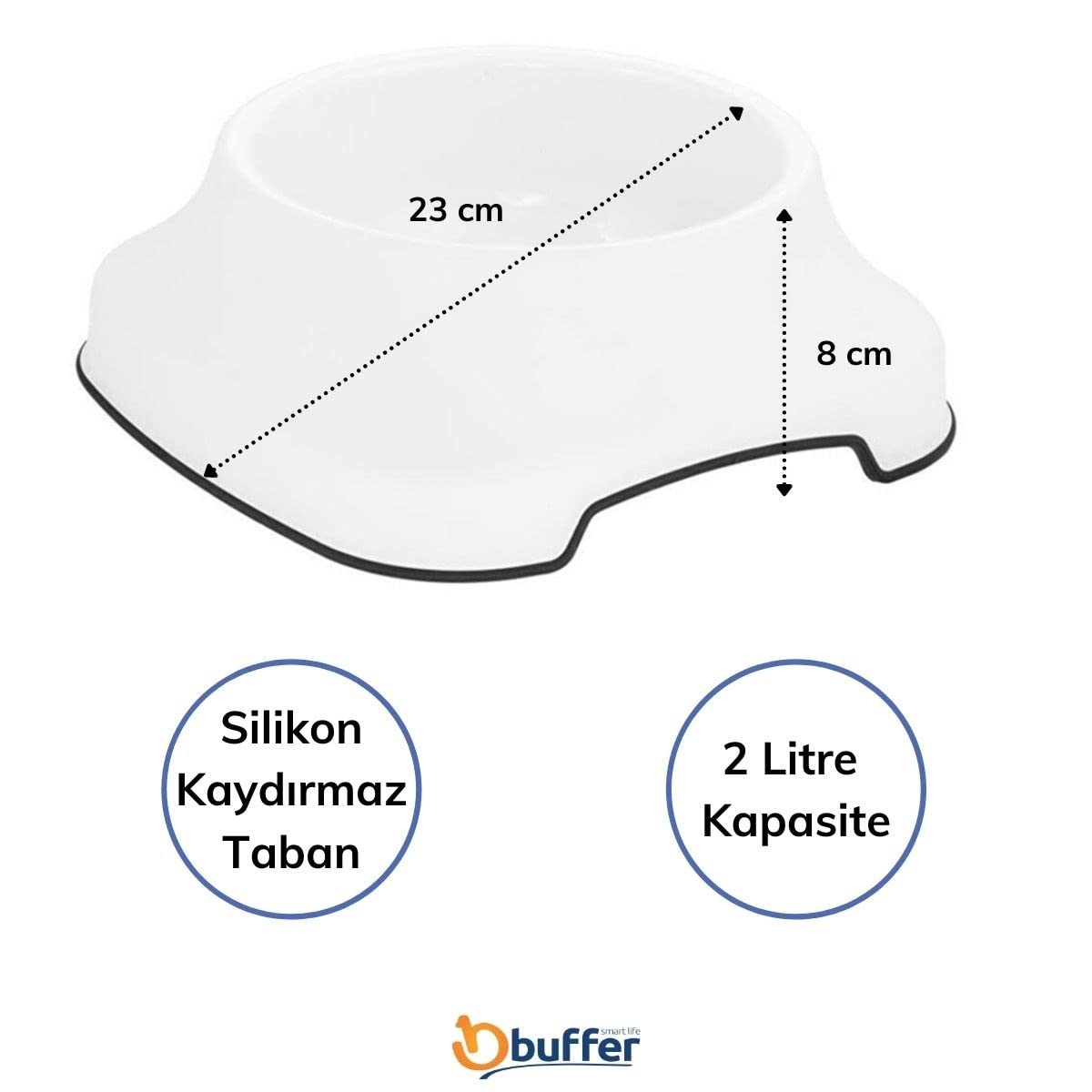 BUFFER® Silikon Kaydırmaz Taban Plastik Kedi ve Köpek Mama ve Su Kabı 2 L