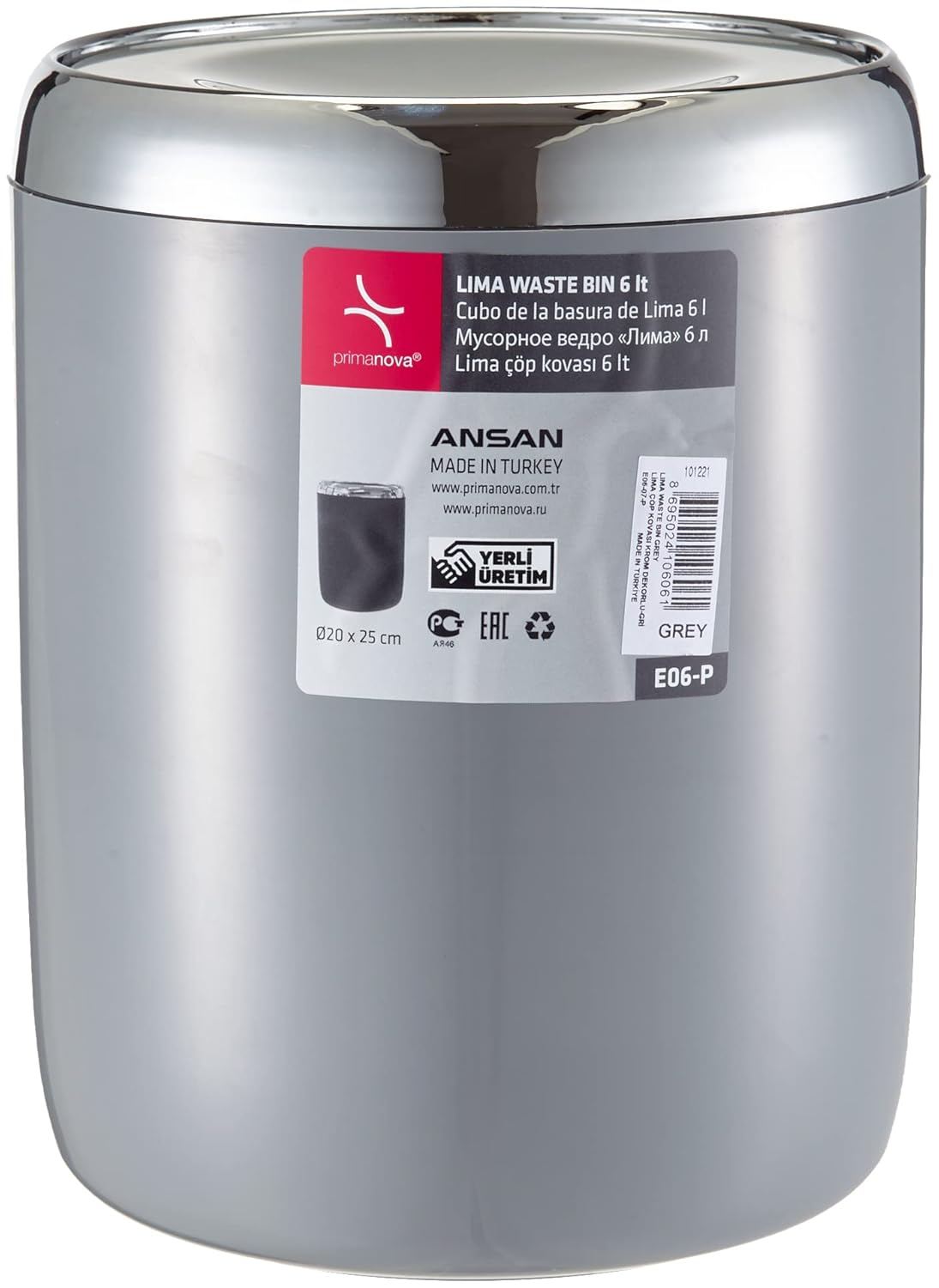 Primanova M-E06-07-P Lima Çöp Kovası, Krom Dekorlu, Gri