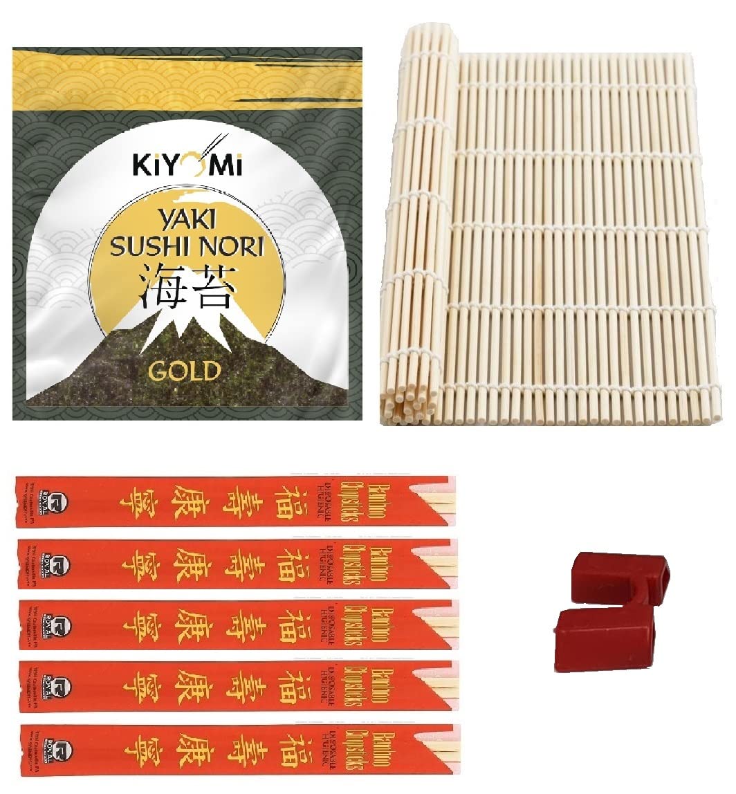 Kiyomi Sushi Ekipman Seti | 10 Yaprak Sushi Nori Yosunu, 100% Doğal Bambu Sushi Matı, 5 Çift Doğal Bambu Kılıflı Chopstick, 1 adet Chopstick Öğretici Aparat