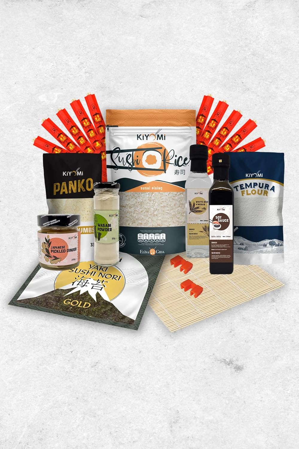 Kiyomi Sushi Profesyonel Set | Sushi Pirinci, Nori Deniz Yosunu, Sushi Matı, Soya Sosu, Pirinç Sirkesi, Wasabi Tozu, Zencefil Turşusu, Tempura Unu, Ekmek Kırıntısı, Chopstick, Chopstick Öğretici