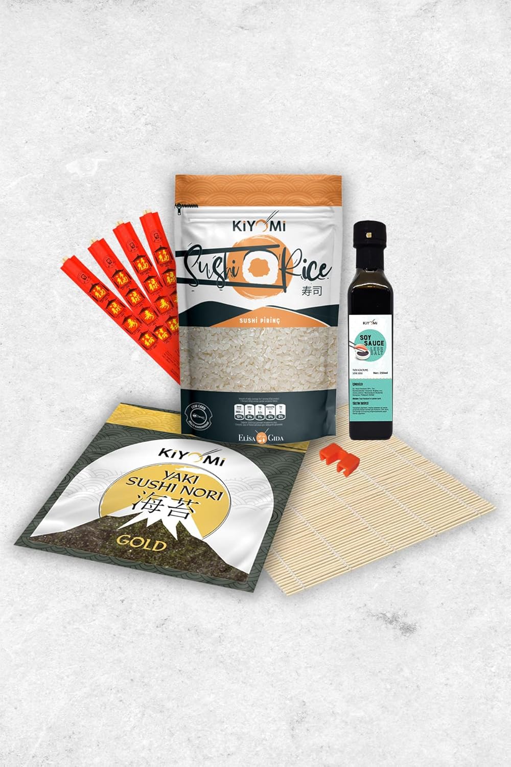 Kiyomi Yayla Sushi Set | 6 Farklı Ürün | Sushi Pirinci, Organik Bambu Sushi Matı, Sushi Nori Yosunu, Tuzu Azaltılmış Soya Sosu, Bambu Chopstick, Chopstick Öğretici