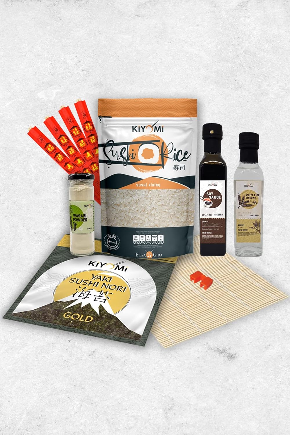 Kiyomi Sushi Başlangıç Seti | 7 Farklı Ürün | Sushi Pirinci, Bambu Sushi Matı, Soya Sosu, Pirinç Sirkesi, Bambu Chopstick, Chopstick Öğretici, Sushi Nori Yosunu, Kiyomi Wasabi Tozu