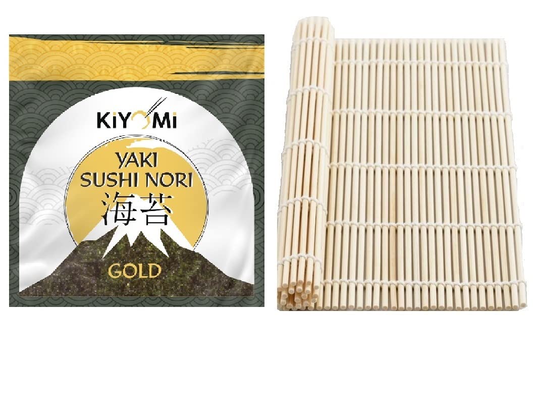Kiyomi Organik Bambu Sushi Mat + Doğal Nori Sushi Yosunu | 100% Bambu Sushi Matı, 10 Yaprak Sushi Nori Kurutulmuş Deniz Yosunu, 1 Çift Doğal Bambu Chopstick