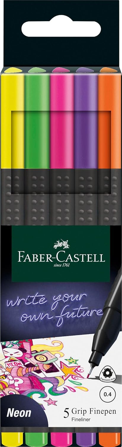 Faber-Castell Grip Finepen İnce Keçe Uçlu Kalem Seti, 5’li, Neon Renkler, 0.4 mm, Metal Destekli, Ergonomik Üçgen Gövde