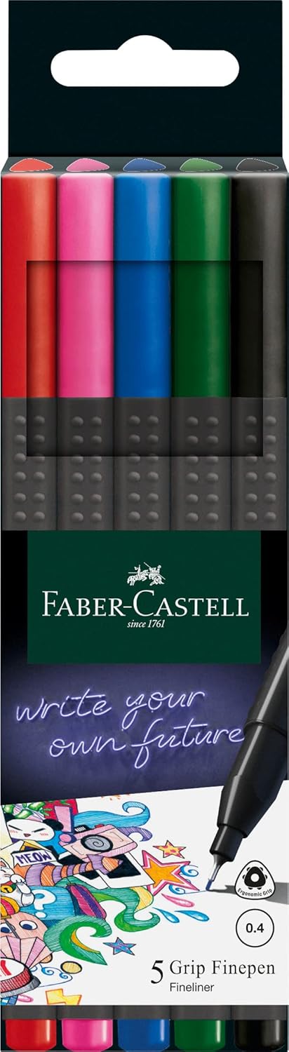 Faber-Castell Grip Finepen İnce Keçe Uçlu Kalem Seti, 5’li, Klasik Renkler, 0.4 mm, Metal Destekli, Ergonomik Üçgen Gövde