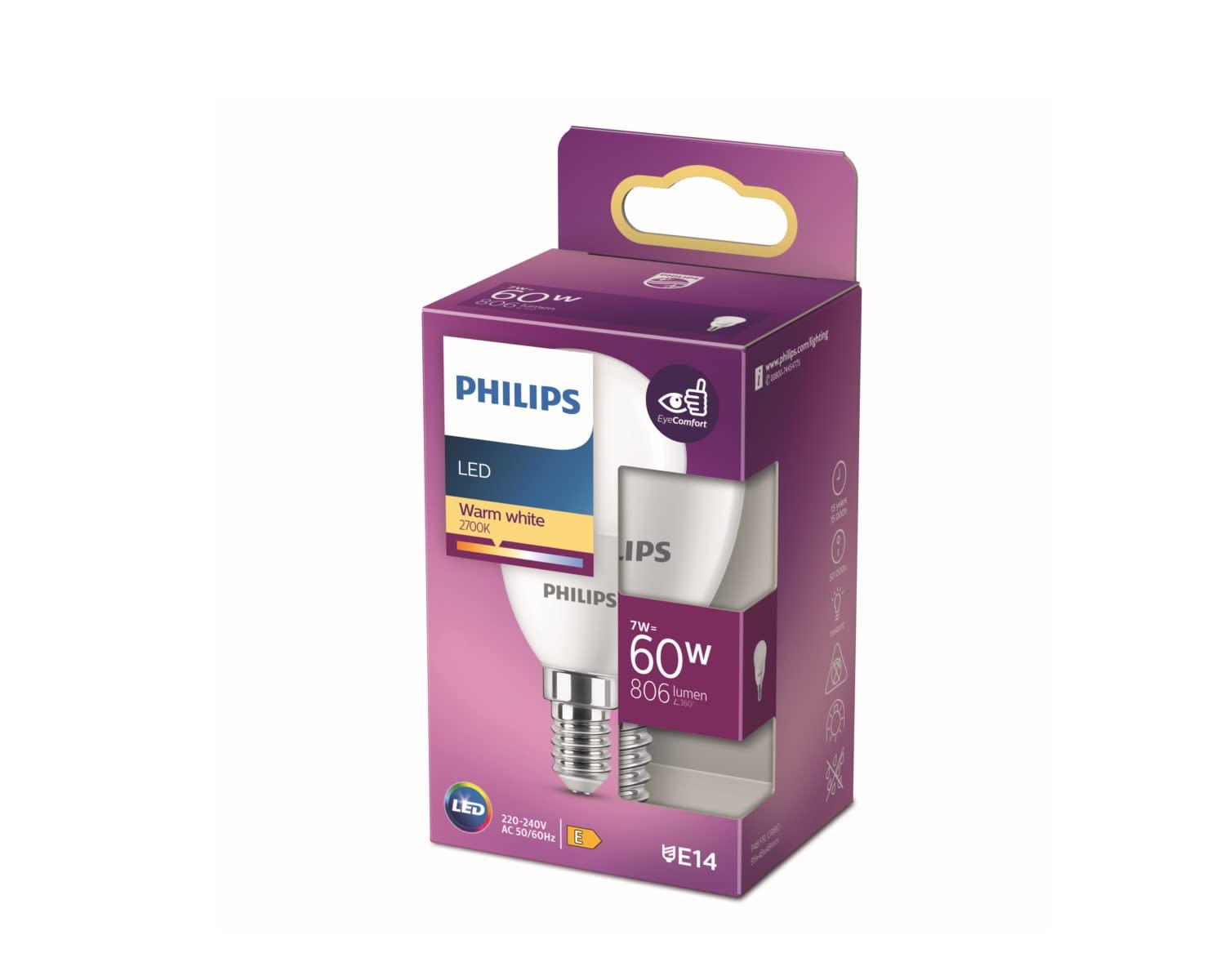 Philips LED 60W P48 E14 Sarı Işık Dim Edilmez Ampul Tekli Paket