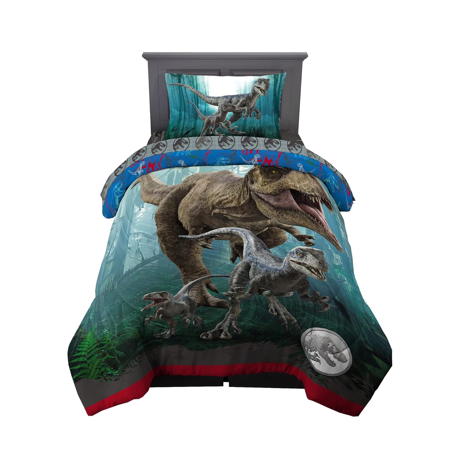 Jurassic World Dominion Mavi Velociraptor ve Rexy T-Rex Süper Yumuşak Mikrofiber Ters Çevrilebilir Yorgan, Çift Boy, Franco Kids'den Yatak Takımı