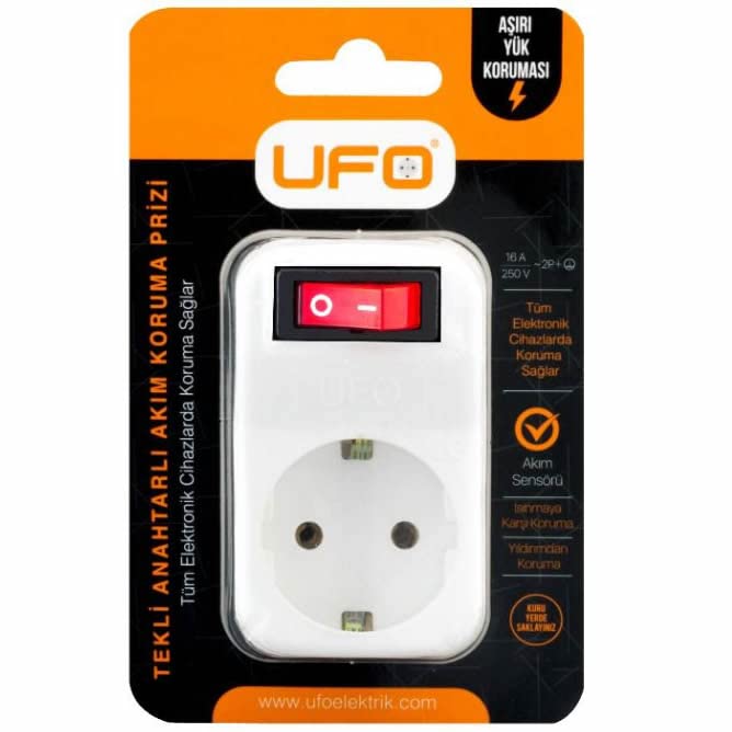 UFO Tekli Akım Korumalı Anahtarlı Priz 16A 250V, Max 3500W Aşırı Yük Koruması (Beyaz)