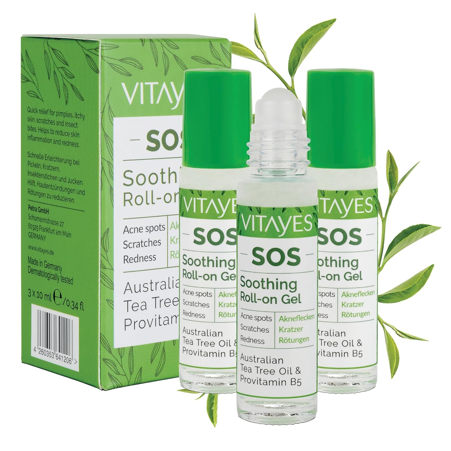 VITAYES SOS Cilt Serumu - Akne ve Sivilce Önleyici, Siyah Nokta, Cilt Kızarıklığı, Kaşıntı, Sinek Böcek Isırması Karşıtı Onarıcı Çay Ağacı Yağı ve Provitamin B5 Serumu, Üçlü Ambalaj 30 ml