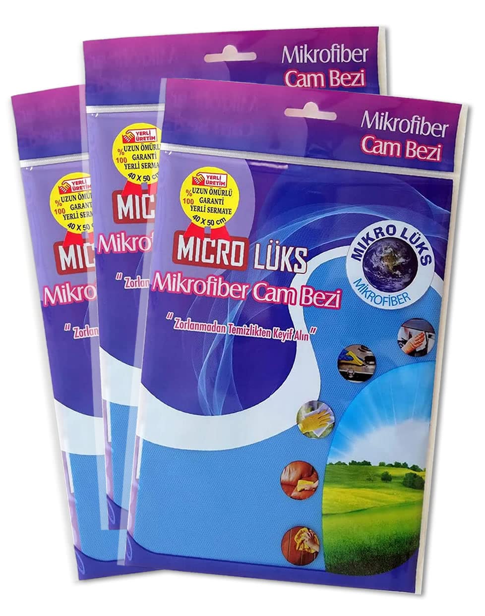 mikro lüks mikrofiber Microlüks Cam Temizlik Bezi 40x50cm (Mavi, 3lü Paket)