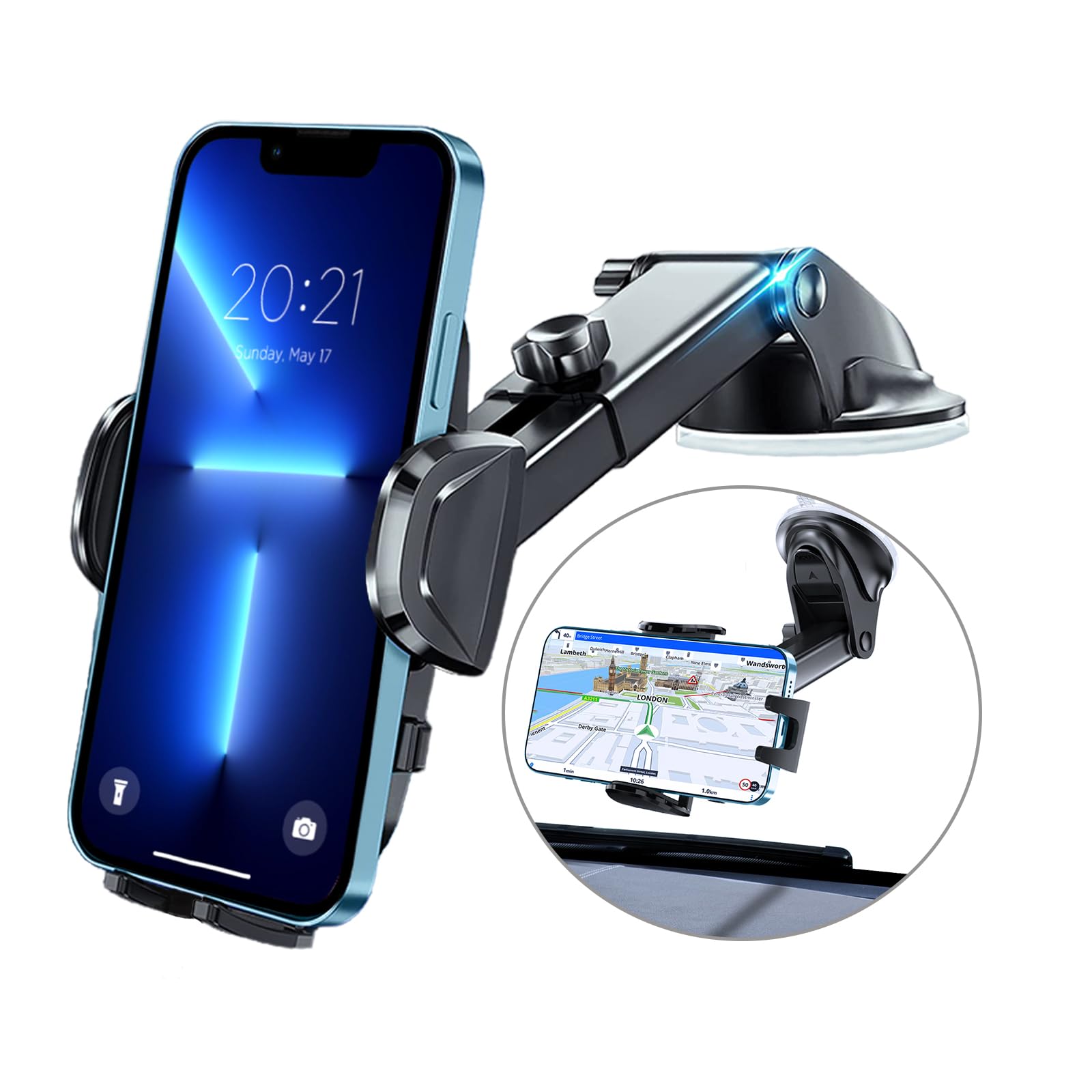 Hocerlu Araç Cep Telefonu Tutucu, Ultra Sağlam Araç Cep Telefonu Tutucu, Gösterge Paneli ve Ön Cam için Vantuz, Çok Yönlü Silikon Darbeye Dayanıklı, 360° Dönebilir, Tek Düğmeyle Çıkarma, 3,8 – 6,7 inç