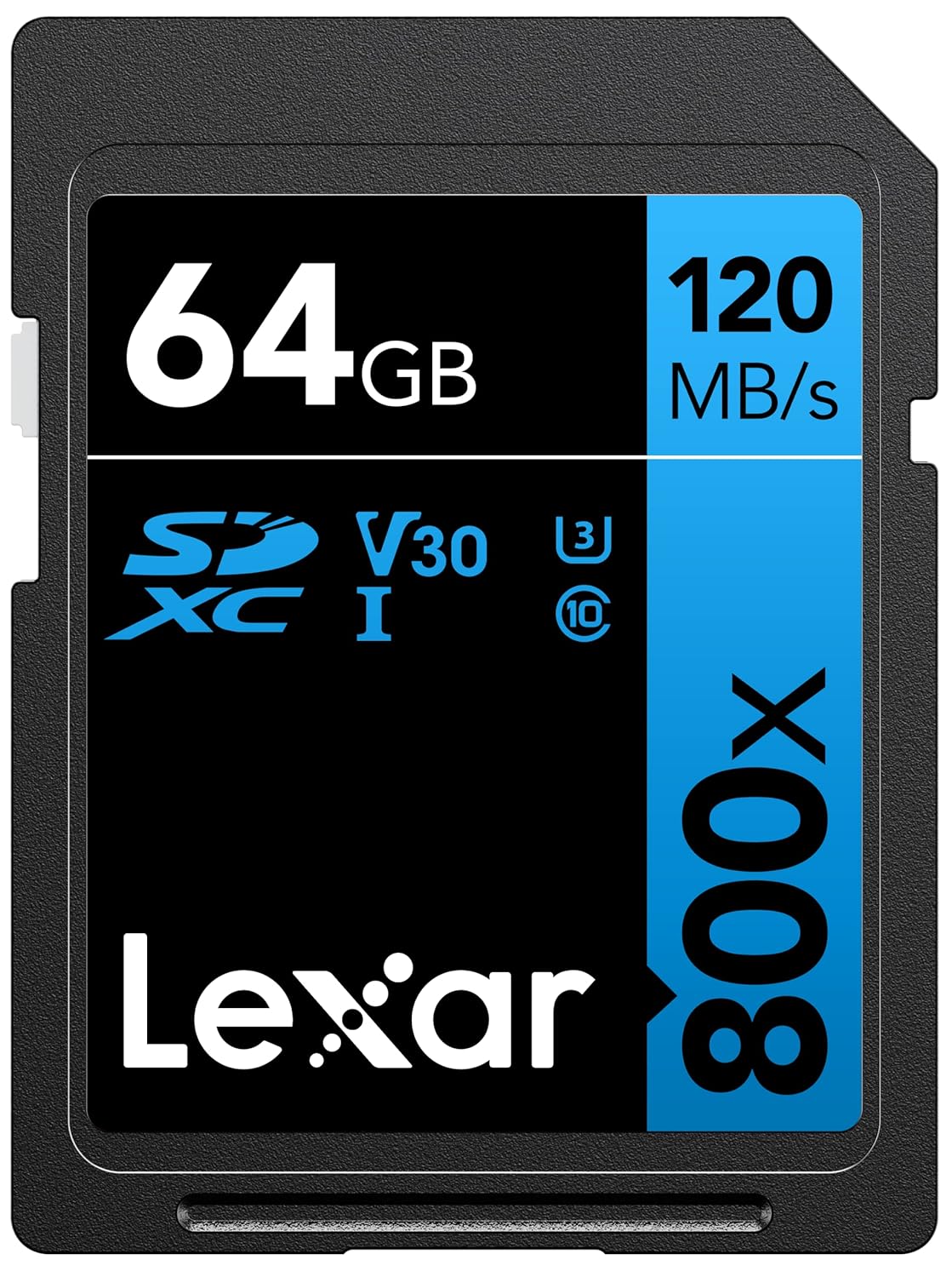 Lexar® 64GB Professional 800x SDXC™ UHS-I cards, up to 120MB/s read 45MB/s write C10 V30 U3