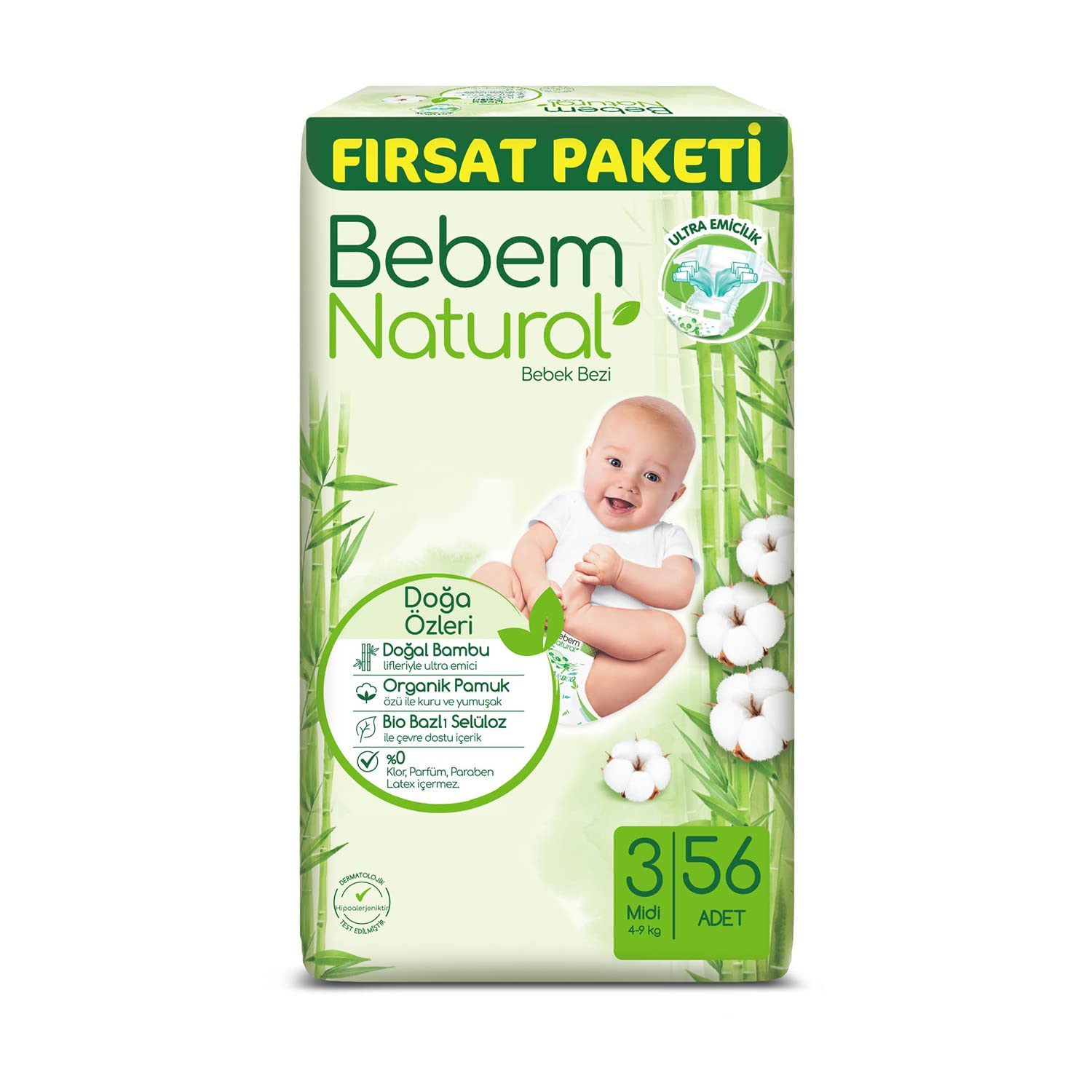 Bebem Natural Bebek Bezi Midi 3 Beden Fırsat Paketi 56 Adet