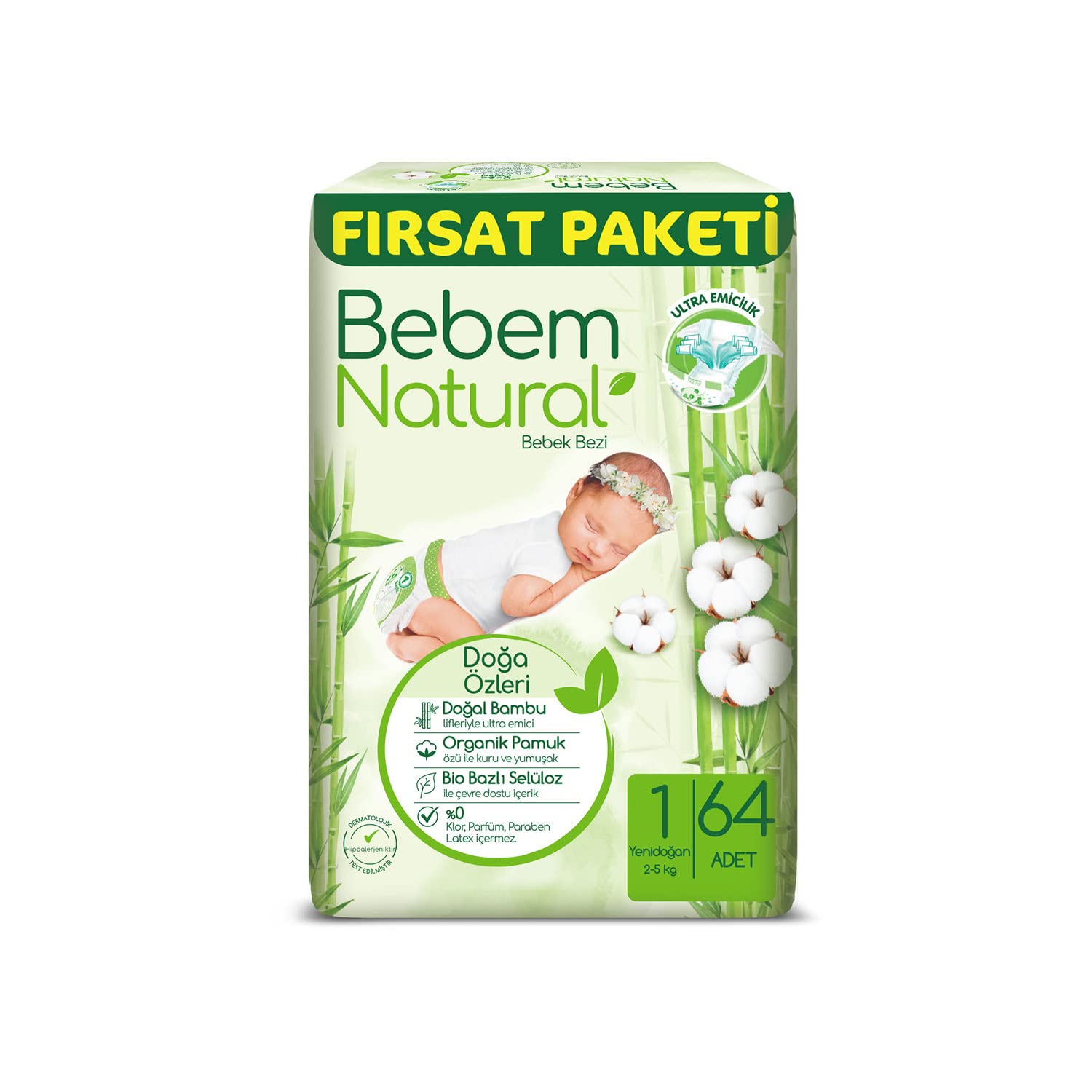 Bebem Natural Bebek Bezi Yenidoğan 1 Beden Fırsat Paketi 64 Adet