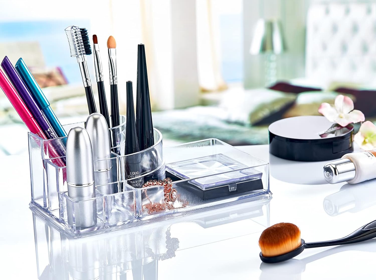 Deconox 8 Bölmeli Podyum Kozmetik Ürün Düzenleyicisi, Podyum Şeklinde Akrilik Makyaj Organizeri