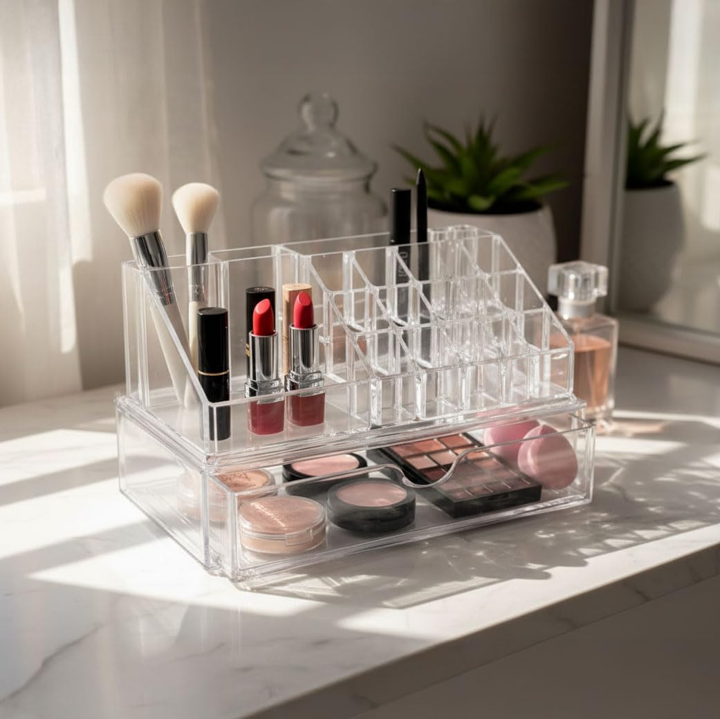 Kristal Desenli Makyaj Organizeri - 16 Bölmeli Akrilik Şeffaf Düzenleyici, Makyaj ve Kozmetik Ürünleri İçin Pratik Organizer