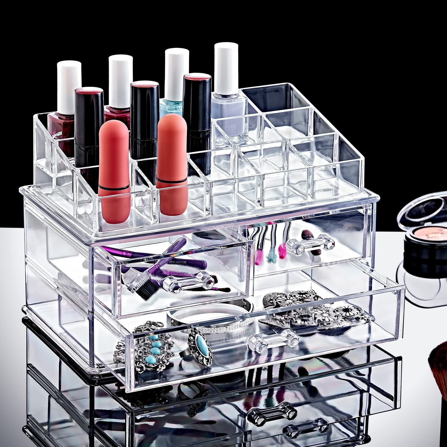 Deconox 18 Bölmeli Üç Çekmeceli Akrilik Oje ve Ruj Organizeri, 18 Gözlü Oje, 18 Bölmeli Ruj Düzenleyici