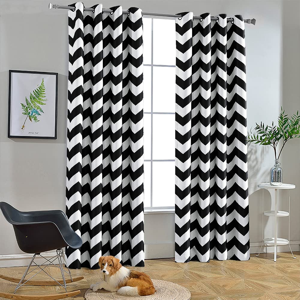 Melodieux Oturma Odası Yemek Odası için Moda Zikzak Perdeler, Karartma Halkalı Üst Pencere Perdeleri Yatak Odası için Ses Geçirmez Isı Yalıtımı, 241 cm Uzunluk, 132 x 226 cm, Siyah ve Beyaz (1 Panel)