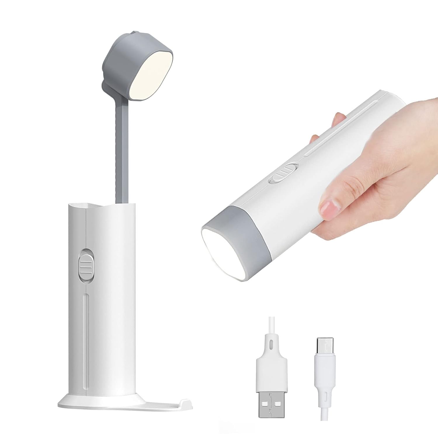 DiliDala LED çalışma masası lambası, 3 parlaklık kademesi, cep telefonu tutuculu komodin okuma lambası, dış mekan acil lambası, USB şarj bağlantılı yatak odası, kamp, ofis için (beyaz-1)