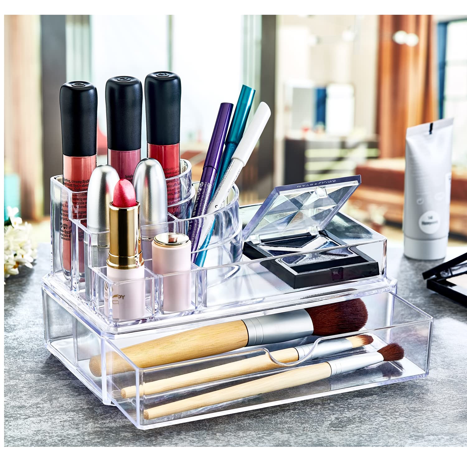 Deconox 9 Bölmeli Çekmeceli Podyum Kozmetik Ürün Düzenleyicisi, Podyum Şeklinde Akrilik Makyaj Organizeri…