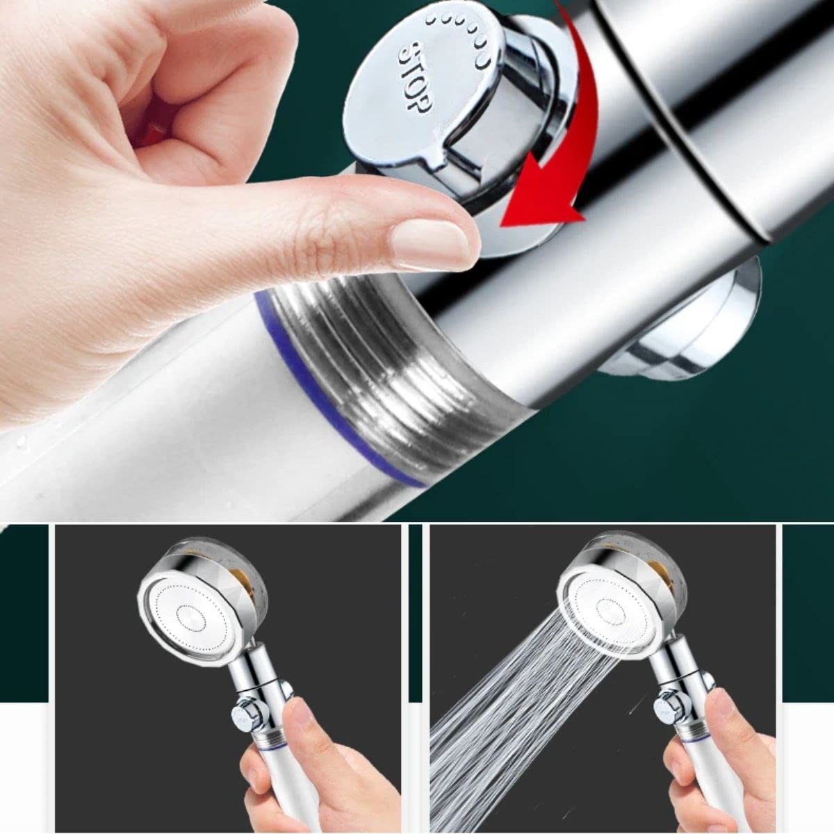 BUFFER® Turbo Pervaneli ve Filtreli Su Tasarruflu 360 Derece Dönebilen Ayarlanabilir Tazyikli Duş Başlığı