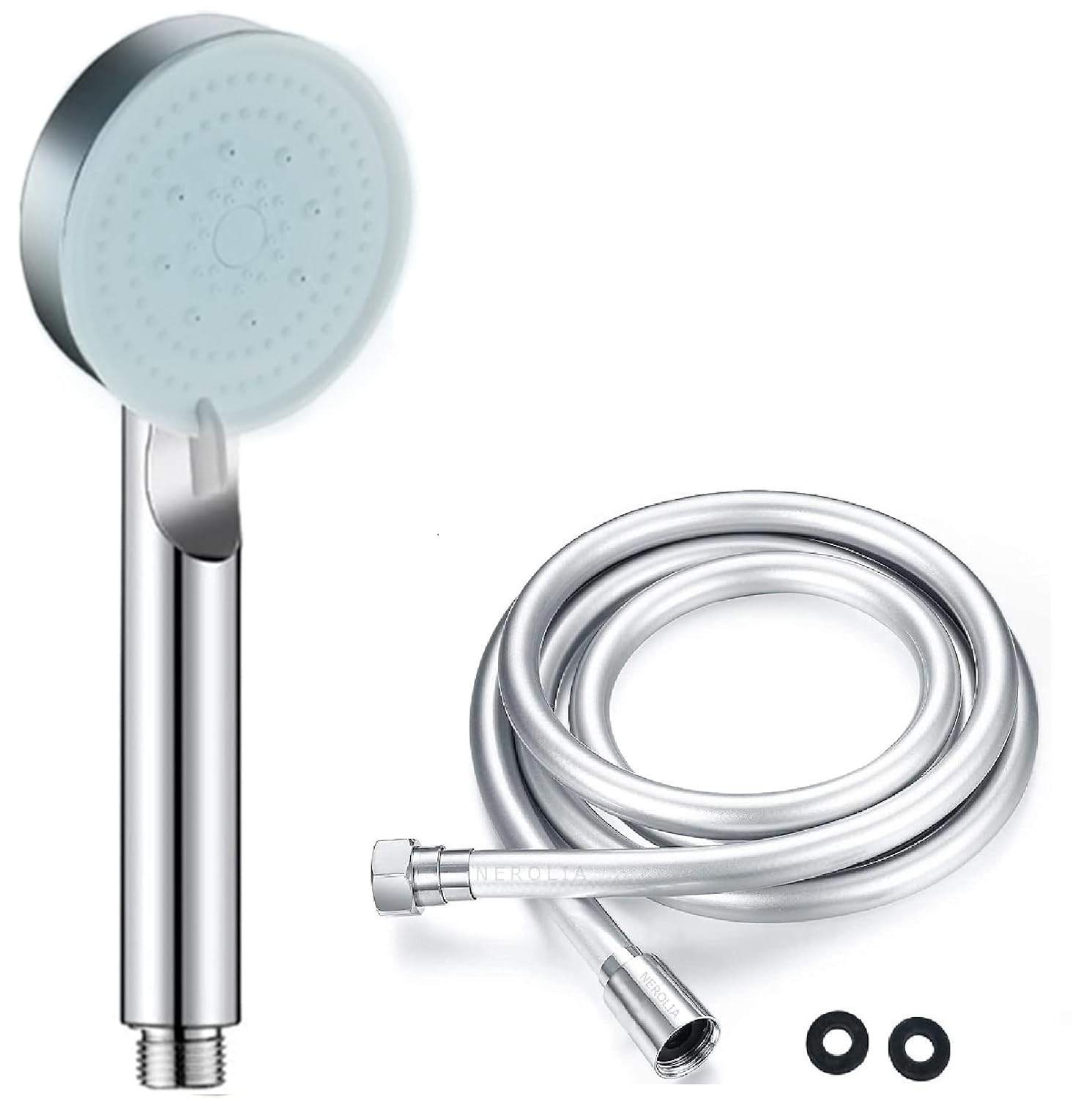NEROLIA StoneSeries Lüks Duş Seti - 3 farklı Püskürtmeli Full Krom Kaplama El Duşu + 150 cm Gümüş PVC Duş Spirali - Paslanmaz, Kopmaz, Kırılmaz Çelik Bağlantılı PVC Duş Hortumu (2'li Set)