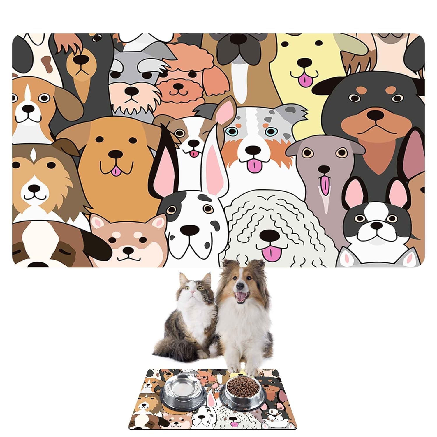 Monnhein Mama ve Su Evcil Hayvan Beslenme Matı, Kolay Temizlenen Emici Su Geçirmez Kumaş, Küçük Orta Boy ve Büyük Kedi ve Köpekler için Dayanıklı Köpek Kedi Paspas (50x35, Renkli Köpekler)