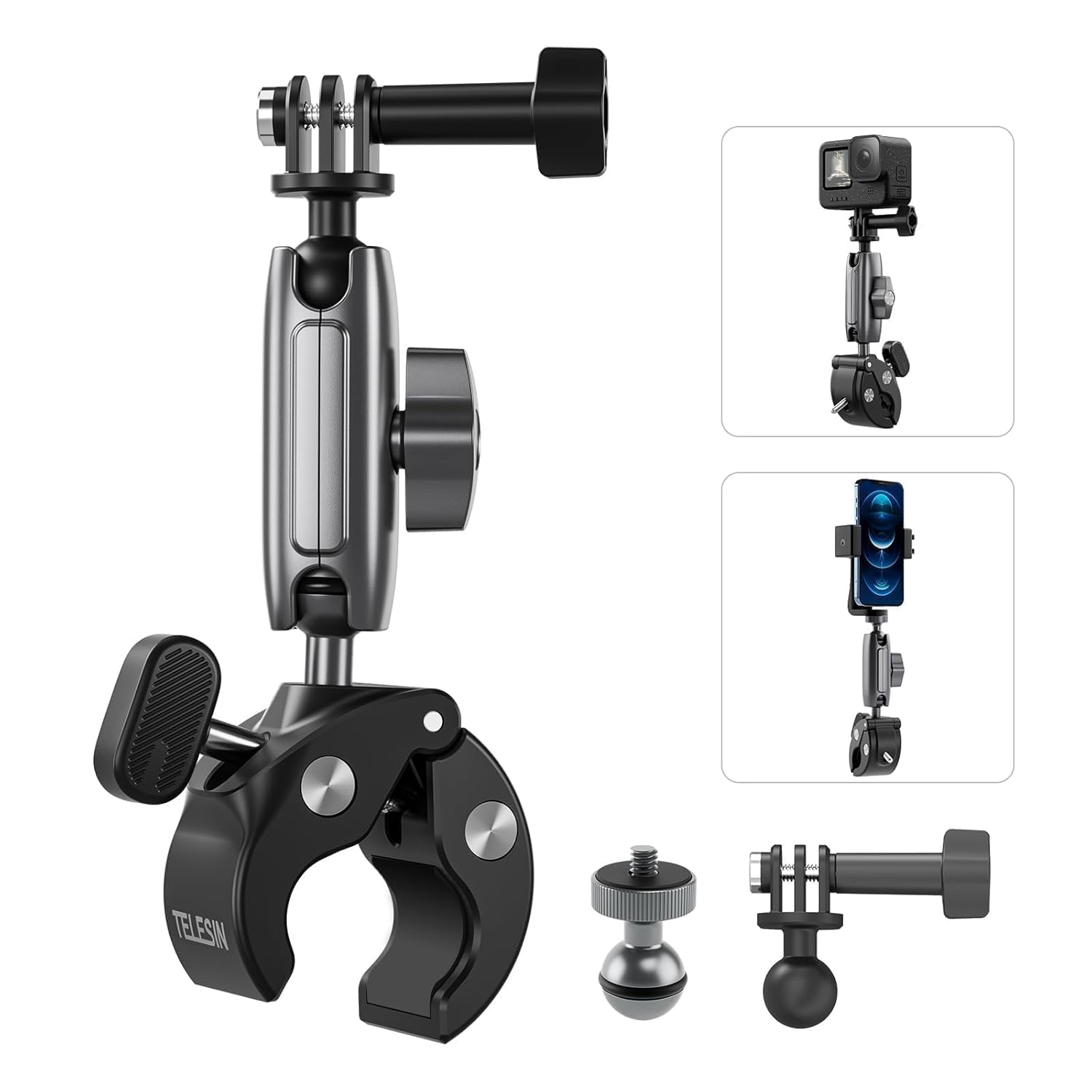 TELESIN Motosiklet Gidonu Bisiklet Montaj Kelepçeleri için GoPro Hero 13 12 11 10 9 DJI OSMO Action 5 Pro 4 3 Insta360,360° Çift Top Başlı Kelepçe Tutucu 1/4-20 mm Kamera ve Telefon için Adaptör