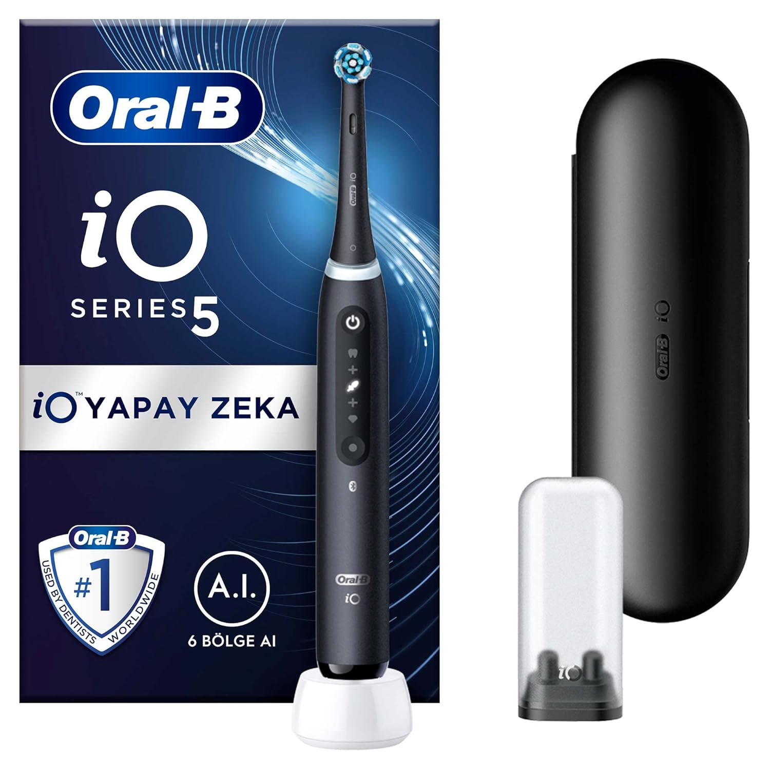 Oral-B iO5 Mat Siyah Şarjlı/Elektrikli Diş Fırçası, 1 Fırça Başlığı, Uzun Ömürlü Pil, Premium Seyahat Kabı