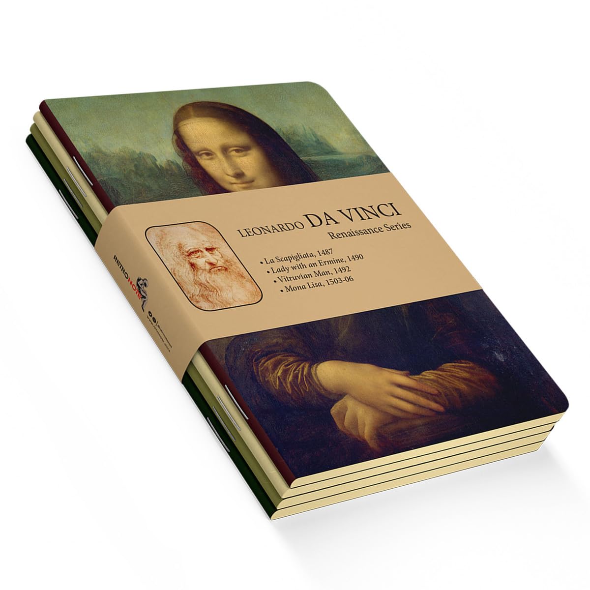 Retronote Renaissance Series - A5, Da Vinci 4'lü Defter Seti I, Çizgisiz, Toplam 256 Sayfa, Her biri 64 Sayfa, Tel Dikiş, Esnek Kapak, Oval Kenar, Tuval Doku, 60 gram, Sarı Krem Renk