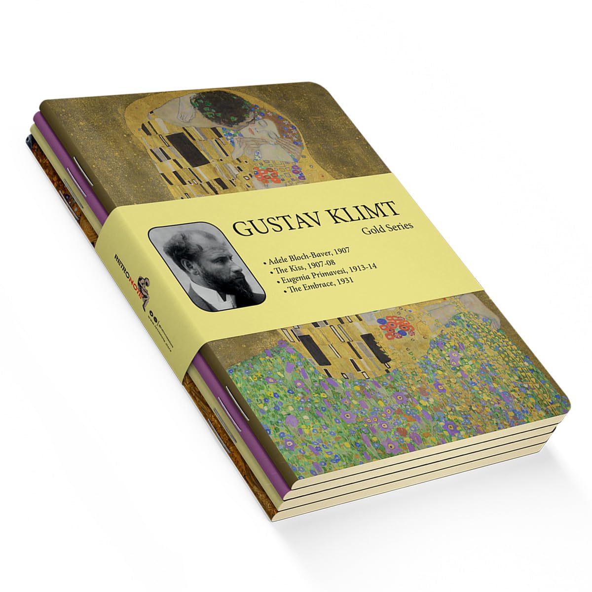 Retronote Gold Series - A5, Gustav Klimt 4'lü Defter Seti I, Çizgisiz, Toplam 256 Sayfa, Her biri 64 Sayfa, Tel Dikiş, Esnek Kapak, Oval Kenar, Tuval Doku, 60 gram, Sarı Krem Renk