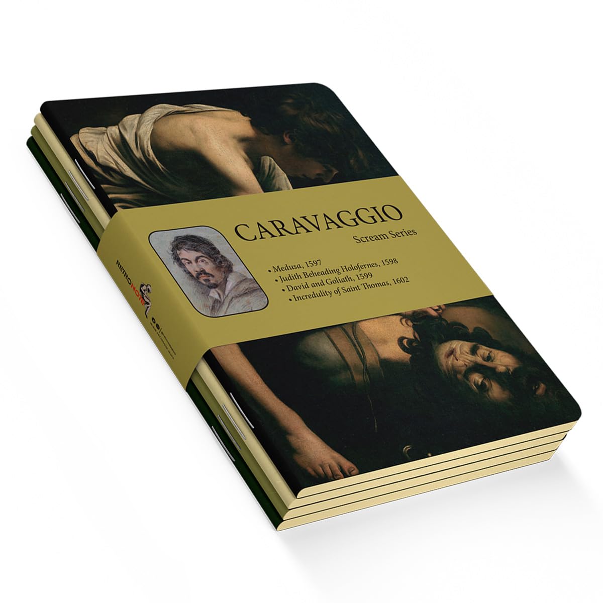 Retronote Scream Series - A5, Caravaggio 4'lü Defter Seti II, Çizgisiz, Toplam 256 Sayfa, Her biri 64 Sayfa, Tel Dikiş, Esnek Kapak, Oval Kenar, Tuval Doku, 60 gram, Sarı Krem Renk