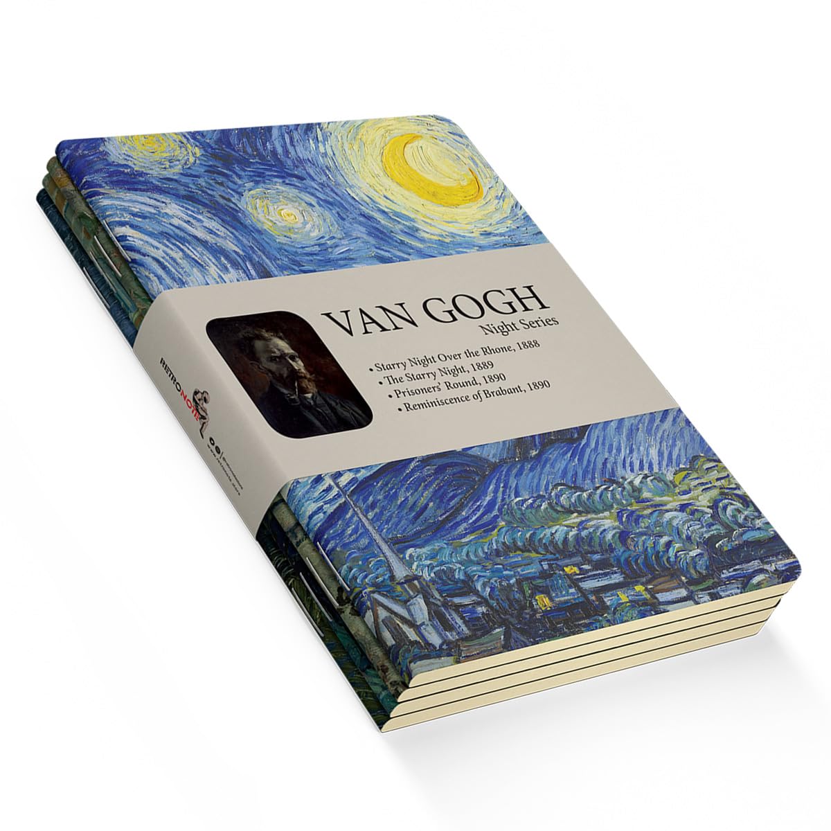 Retronote Night Series - A6, Van Gogh 4'lü Defter Seti I, Çizgisiz, Toplam 192 Sayfa, Her biri 48 Sayfa, Tel Dikiş, Esnek Kapak, Oval Kenar, Tuval Doku, 60 gram, Sarı Krem Renk