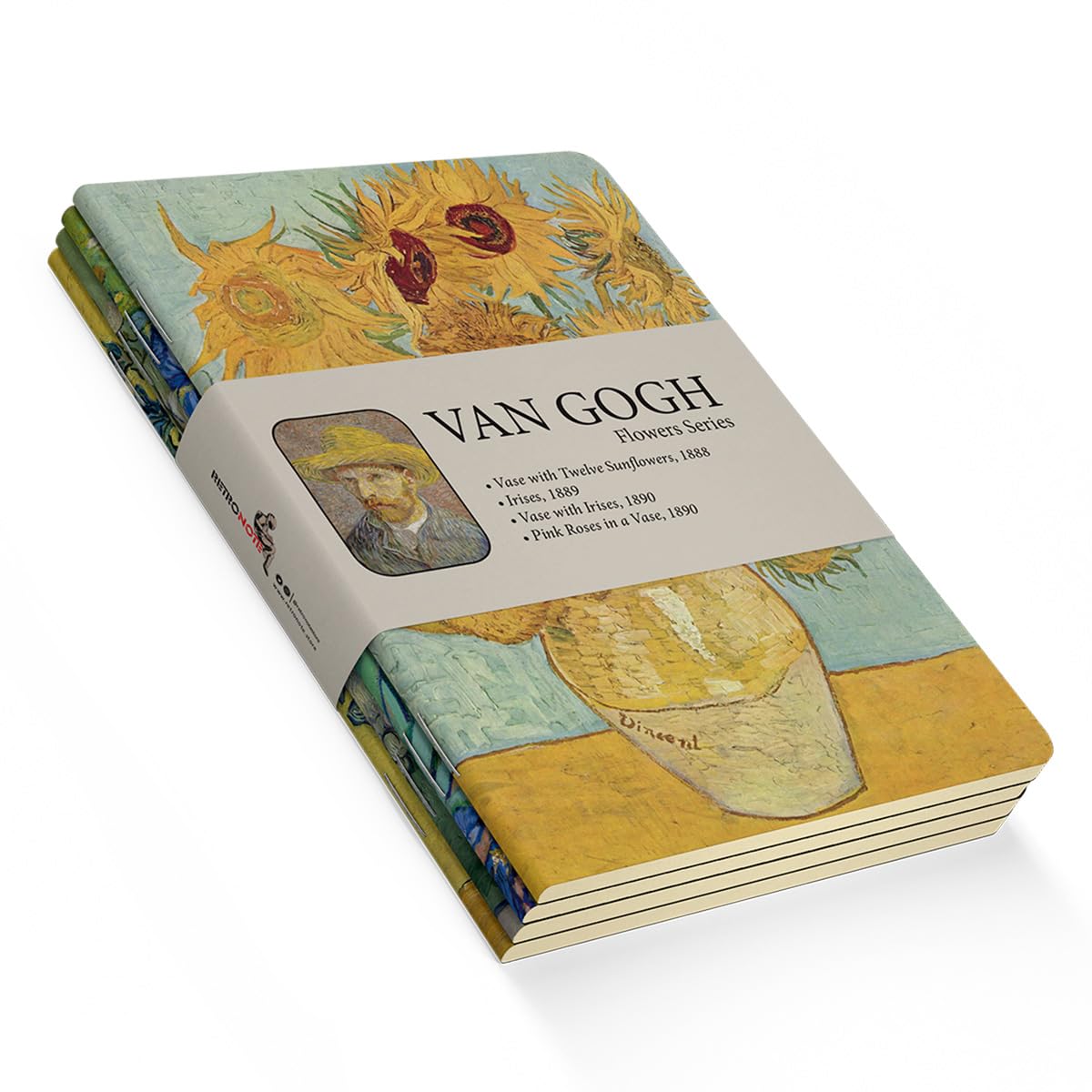 Retronote Flowers Series - A5, Van Gogh 4'lü Defter Seti III, Çizgisiz, Toplam 256 Sayfa, Her biri 64 Sayfa, Tel Dikiş, Esnek Kapak, Oval Kenar, Tuval Doku, 60 gram, Sarı Krem Renk