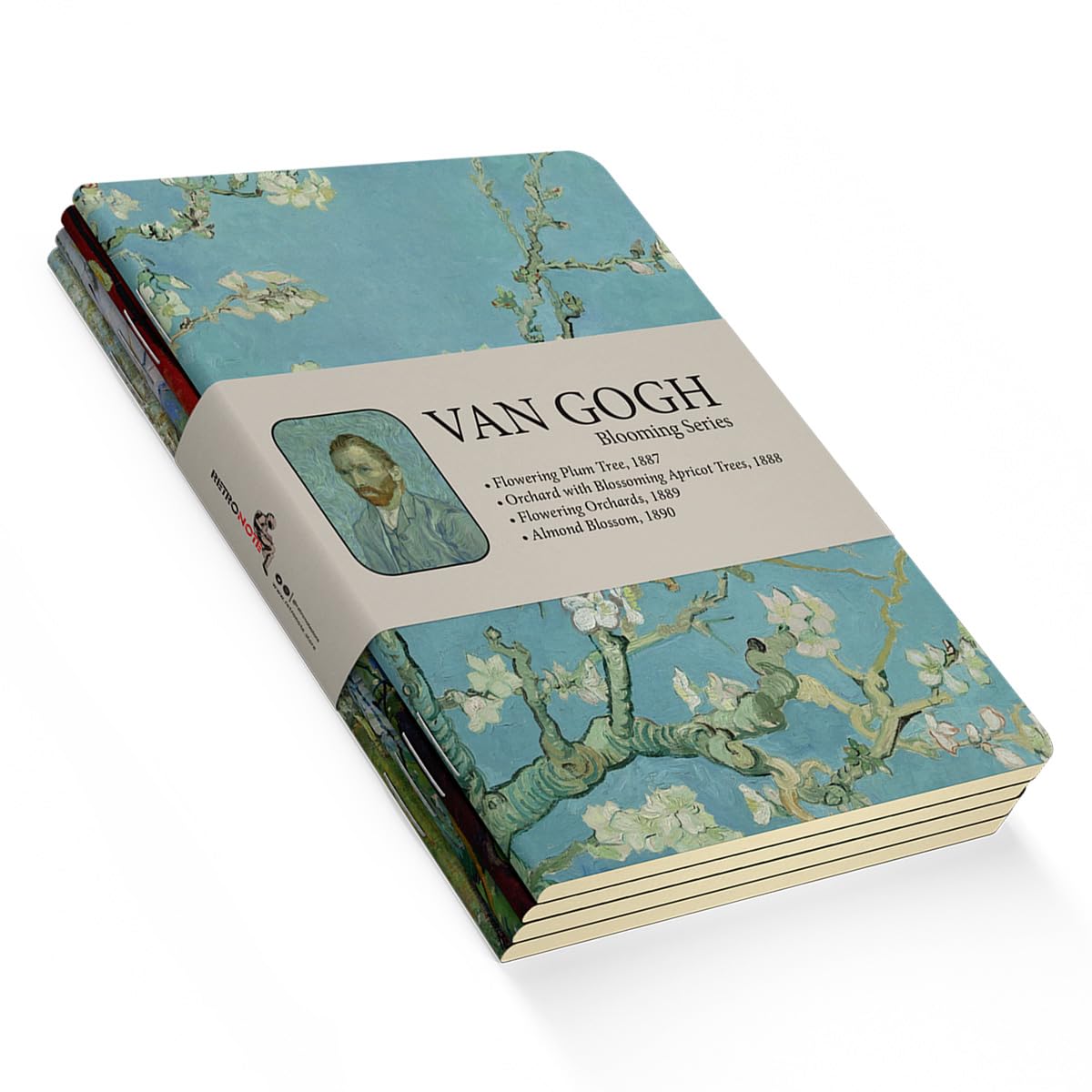 Retronote Blooming Series - A6, Van Gogh 4'lü Defter Seti II, Çizgisiz, Toplam 192 Sayfa, Her biri 48 Sayfa, Tel Dikiş, Esnek Kapak, Oval Kenar, Tuval Doku, 60 gram, Sarı Krem Renk