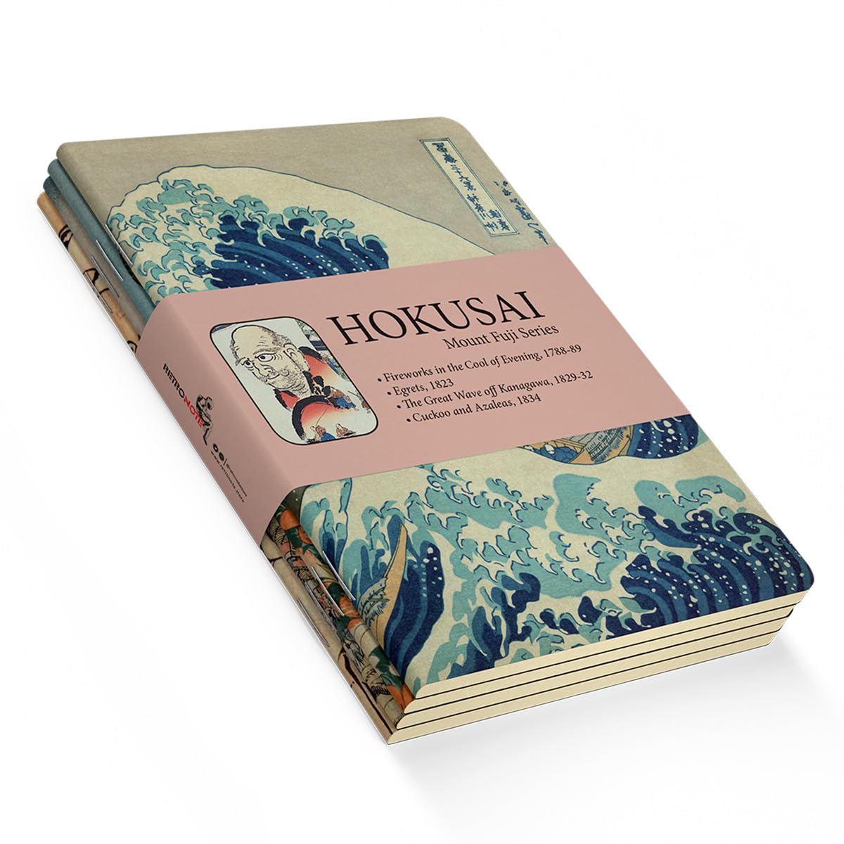 Retronote Mount Fuji Series I - A6, Hokusai 4'lü Defter Seti I, Çizgisiz, Toplam 192 Sayfa, Her biri 48 Sayfa, Tel Dikiş, Esnek Kapak, Oval Kenar, Tuval Doku, 60 gram, Sarı Krem Renk