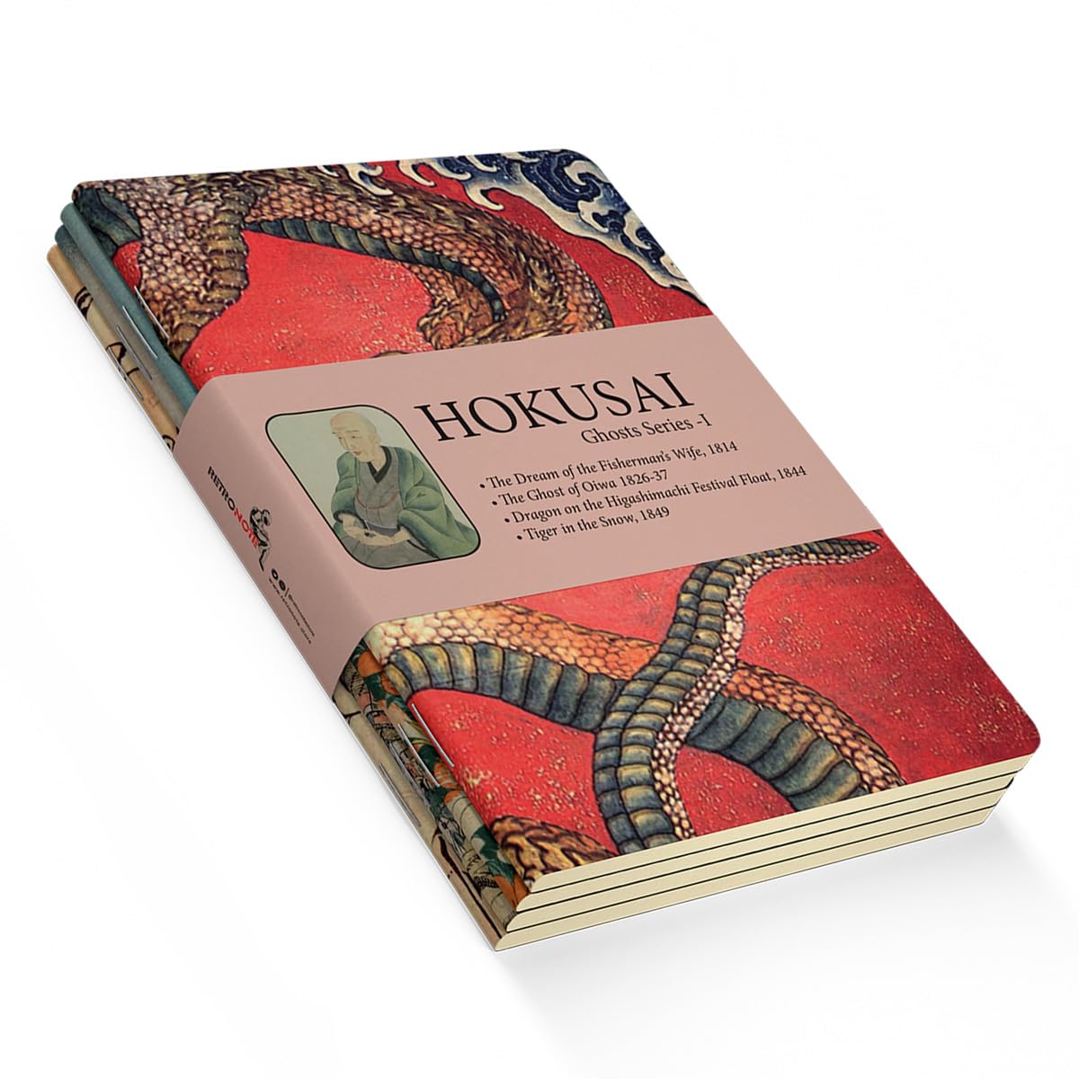 Retronote Ghosts Series I - A5, Hokusai 4'lü Defter Seti V, Çizgisiz, Toplam 256 Sayfa, Her biri 64 Sayfa, Tel Dikiş, Esnek Kapak, Oval Kenar, Tuval Doku, 60 gram, Sarı Krem Renk