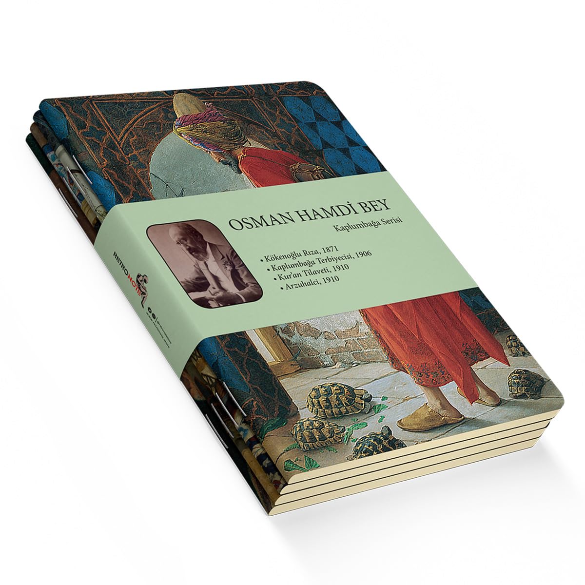 Retronote Kaplumbağa Serisi - A5, Osman Hamdi Bey 4'lü Defter Seti III, Çizgisiz, Toplam 256 Sayfa, Her biri 64 Sayfa, Tel Dikiş, Esnek Kapak, Oval Kenar, Tuval Doku, 60 gram, Sarı Krem Renk