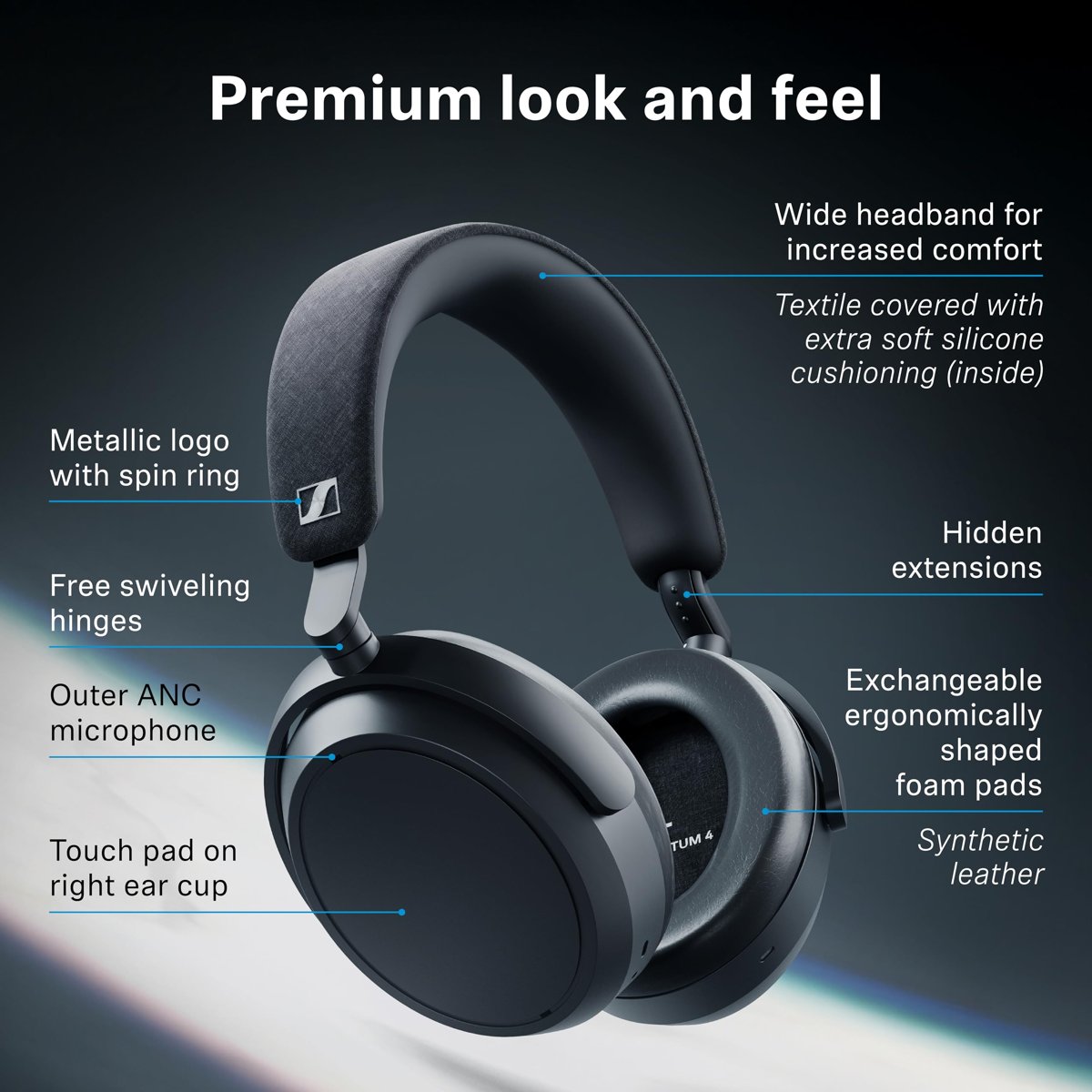 Sennheiser Momentum 4 Wireless - Kablosuz Kulak Üstü Bluetooth Kulaklık - ANC, 60 Saate Kadar Dinleme Süresi, Transparan Duyma Özelliği, Bluetooth 5.2 - Siyah