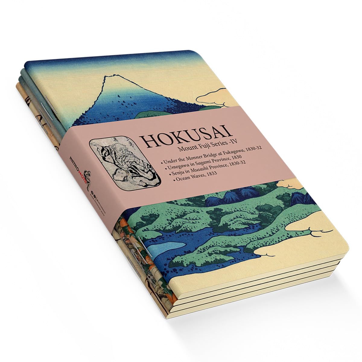 Retronote Mount Fuji Series IV - A5, Hokusai 4'lü Defter Seti IV, Çizgisiz, Toplam 256 Sayfa, Her biri 64 Sayfa, Tel Dikiş, Esnek Kapak, Oval Kenar, Tuval Doku, 60 gram, Sarı Krem Renk